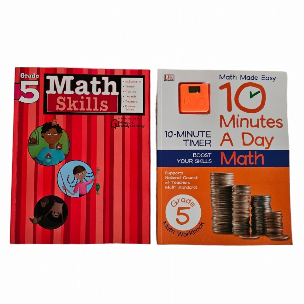 5th Grade Math Skills, and Math Made Easy 10 Minutes a Day with Timer TWO Books